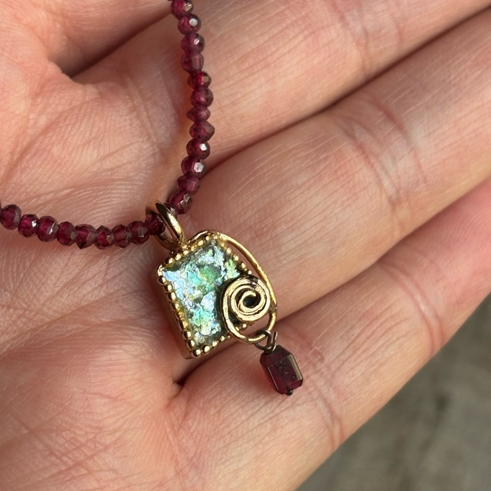 Unique Garnet Bead and Roman Glass Pendant Necklace